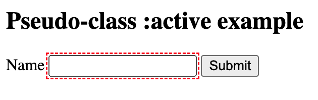 A simple web form with a name input field and a submit button. The name input field is active and highlighted with a red dashed outline.