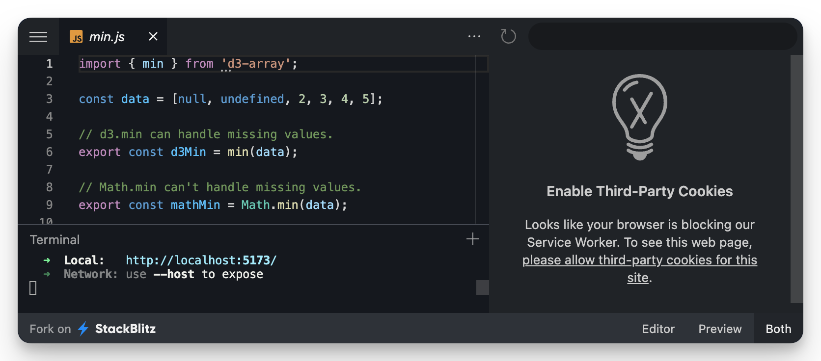 Screenshot of an embedded StackBlitz WebContainer with warning message 'Enable third-party cookies'.