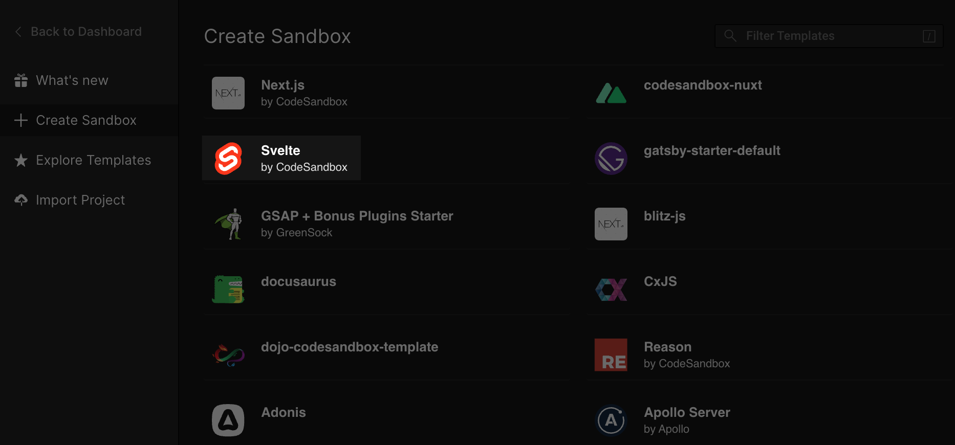 Screenshot of the CodeSandbox dialog to select a template for a new sandbox. The Svelte template is highlighted.