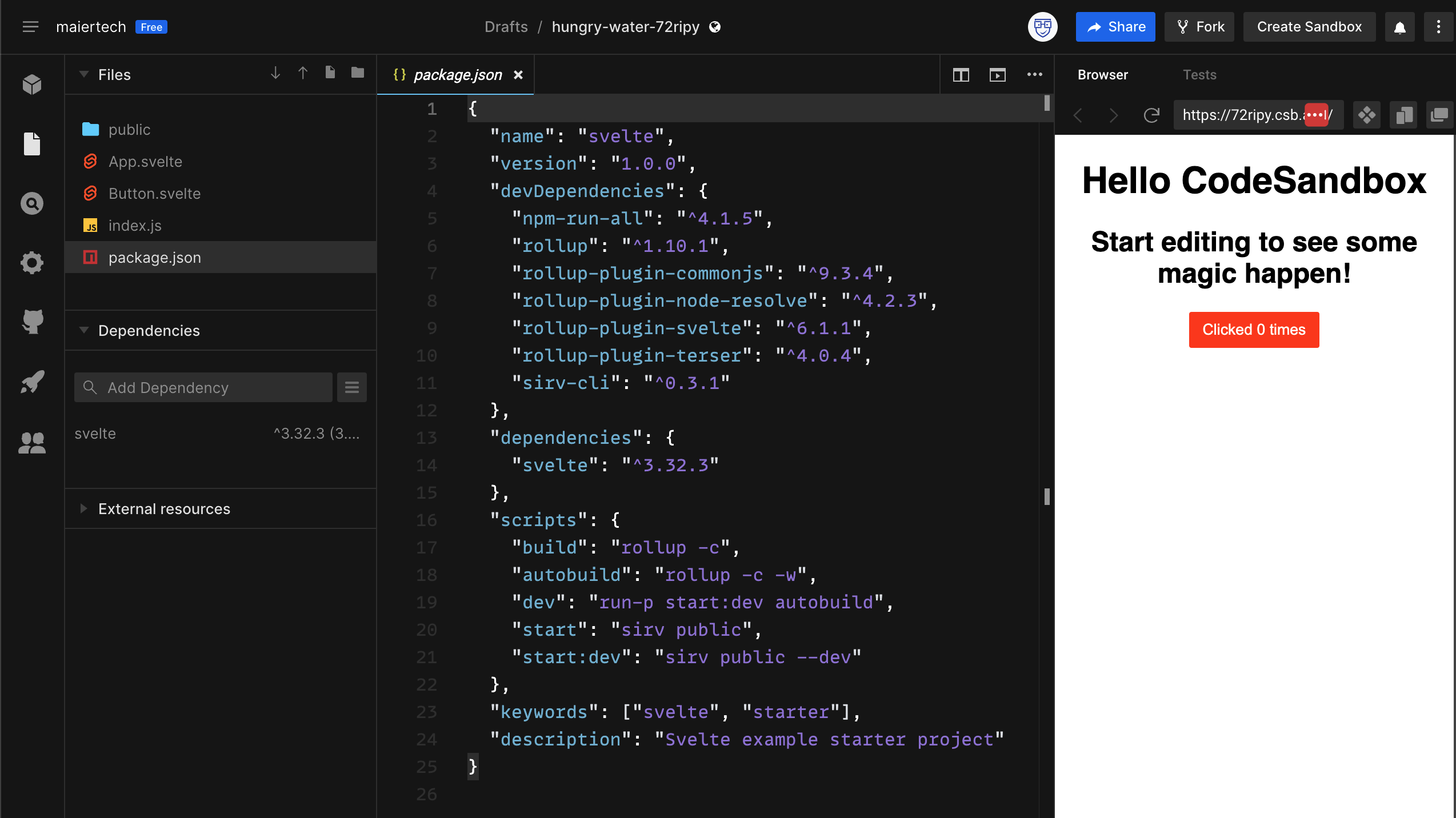 Screenshot of CodeSandbox's Svelte template running in-browser. File package.json is open, and you can see the dependencies of the deprecated Svelte template.