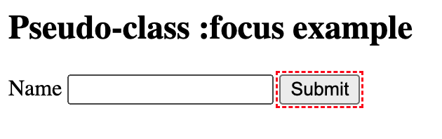 A simple web form with a name input field and a submit button. The submit button has focus and the browser applied a dashed red outline to it.