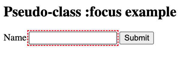 A simple web form with a name input field and a submit button. The input field is focused and highlighted with a dashed red outline.