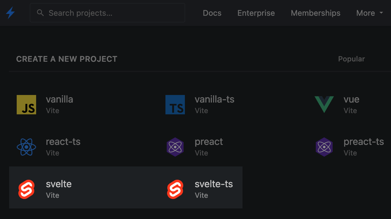 Screenshot of StackBlitz's dashboard. The two Svelte templates, one for vanilla JavaScript and one for TypeScript, are highlighted.