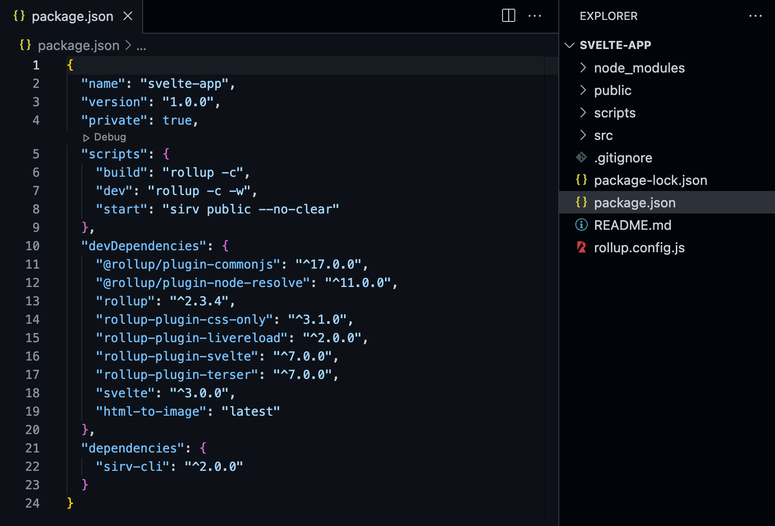 Screenshot of VS Code with the code downloaded from the from the Svelte REPL. File package.json is open, and you can see the dependencies of the deprecated Svelte template.