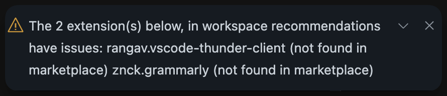 Screenshot from Codeflow showing a warning message that says that the Thunder Client and Grammarly extensions are not supported.